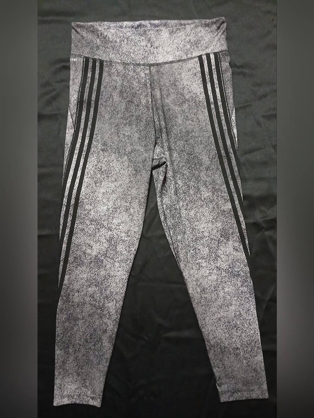 Adidas Womens Grey Black Static Melange Print Leggings with Black Triple Stripes